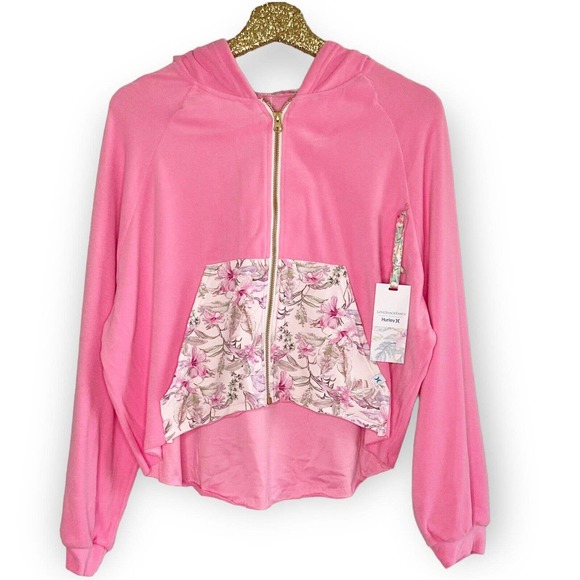 LoveShackFancy x Hurley Hoodie Hawaiian Hibiscus Pink Terry Zip Up Medium New - Picture 2 of 12
